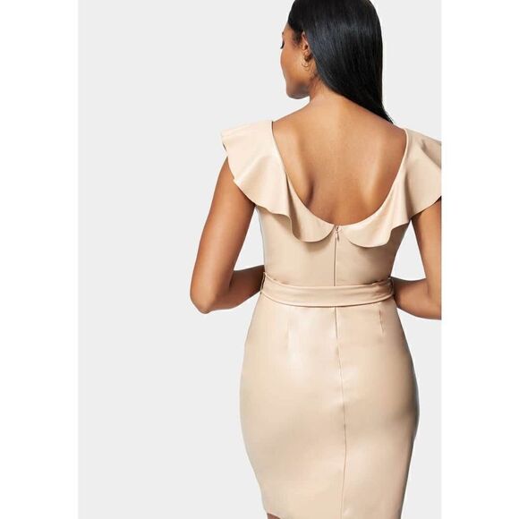 Bebe VEGAN LEATHER RUFFLE WRAP DRESS New - Picture 3 of 8